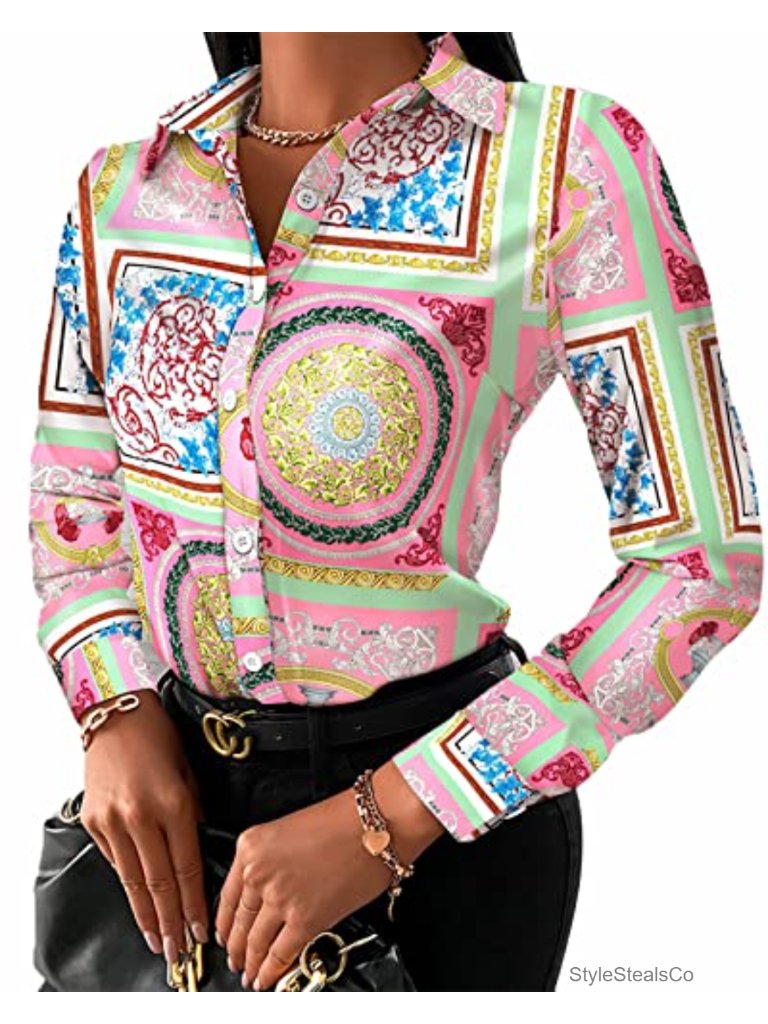 Floral Button Down Shirt Long Sleeve Loose Fit Blouse